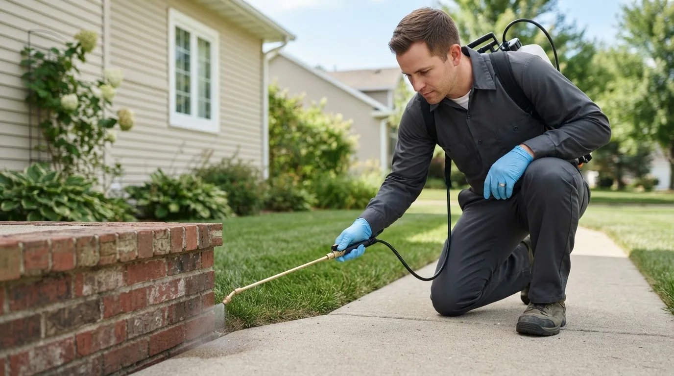 Pest control technician treating a home near Seguin, TX